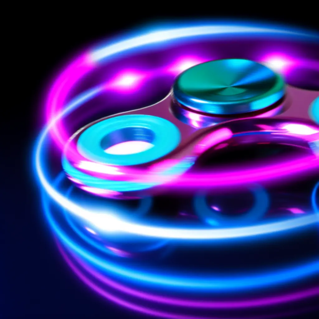Neonfényben izzó, forgásban lévő fidget spinner fekete háttér előtt