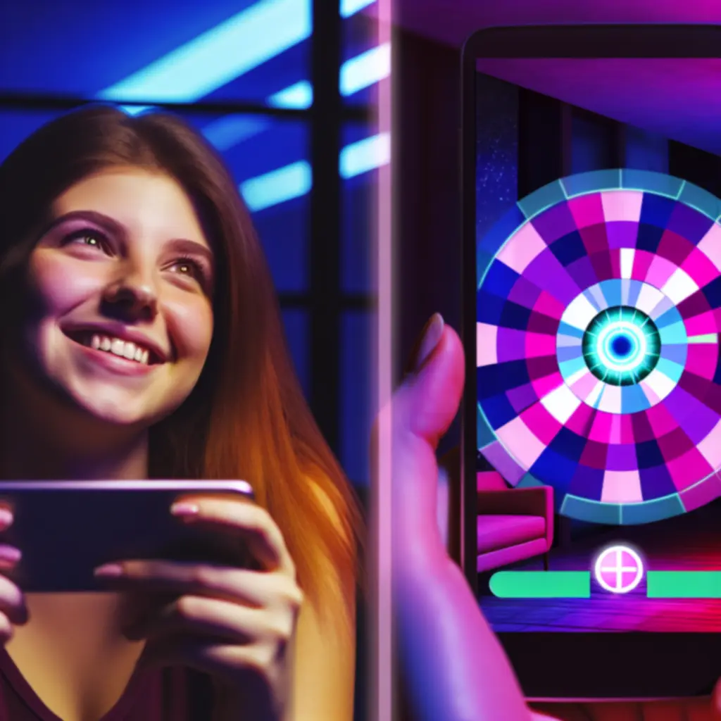 Mosolygó játékos, aki telefonján a Draw Finger Spinnerrel játszik neon fények között.