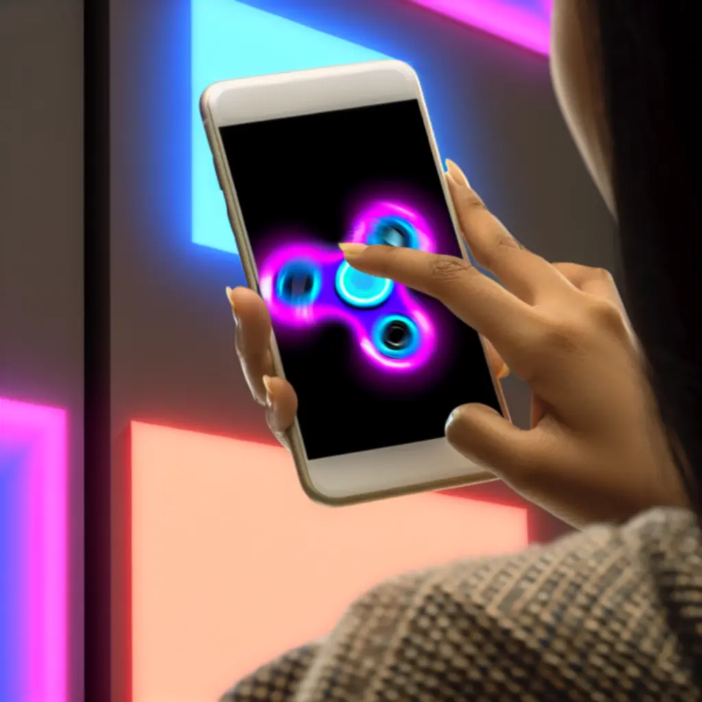 Kézben tartott telefon kijelzőjén pörgő, neon fényű Draw Finger Spinner.