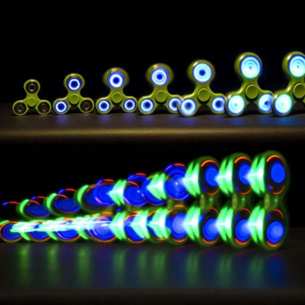 Több sebességfokozatban látható finger spinner neonfényes nyomvonalakkal